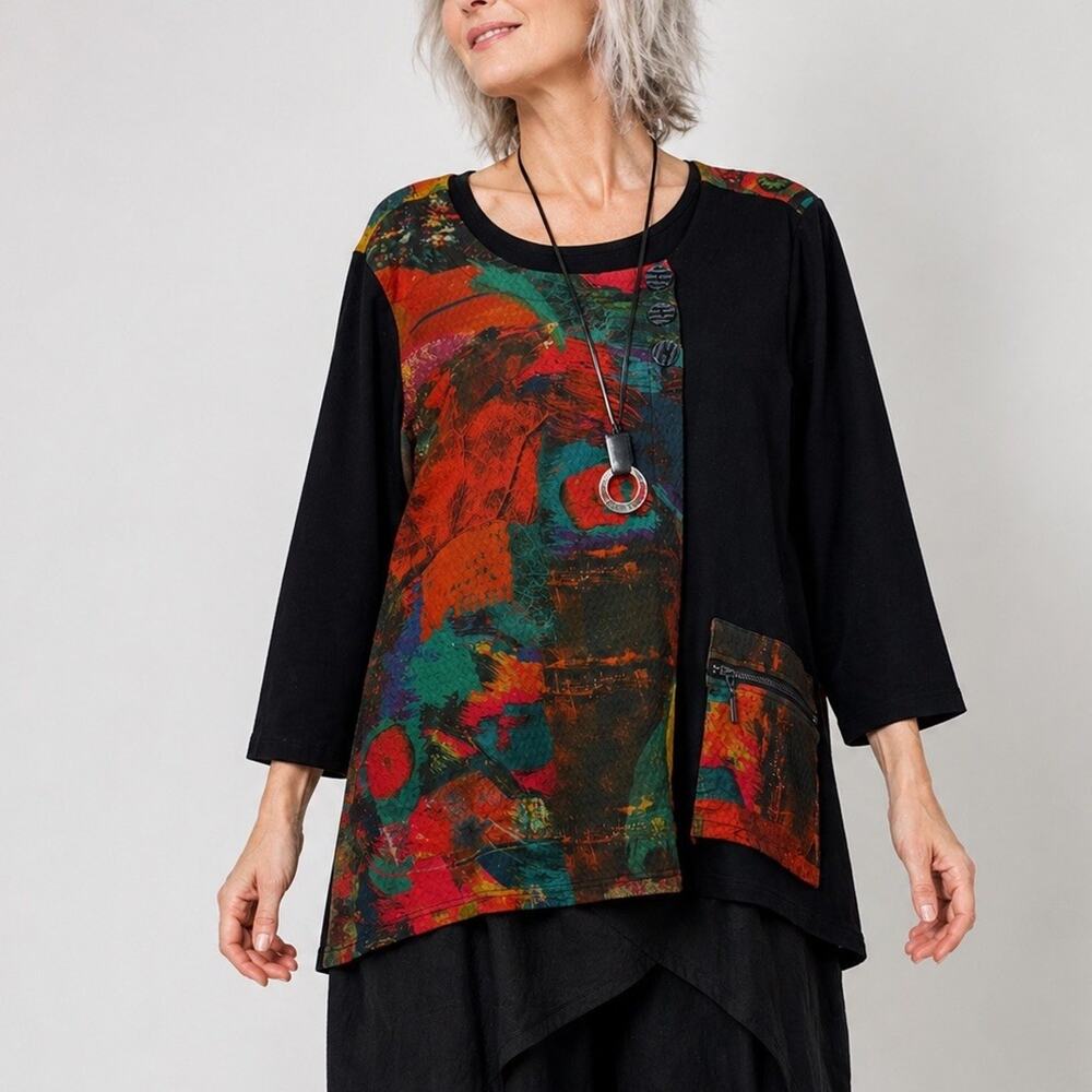 Ali Miles Top PXL Texture Knit Black Floral 3/4 Sleeve Asymmetrical Lagenlook